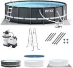 Intex Ultra XTR Frame 14′ x 42″ Round Above Ground Outdoor Swimming Pool Set with Sand Filter Pump, Ladder, Ground Cloth, and Pool Cover