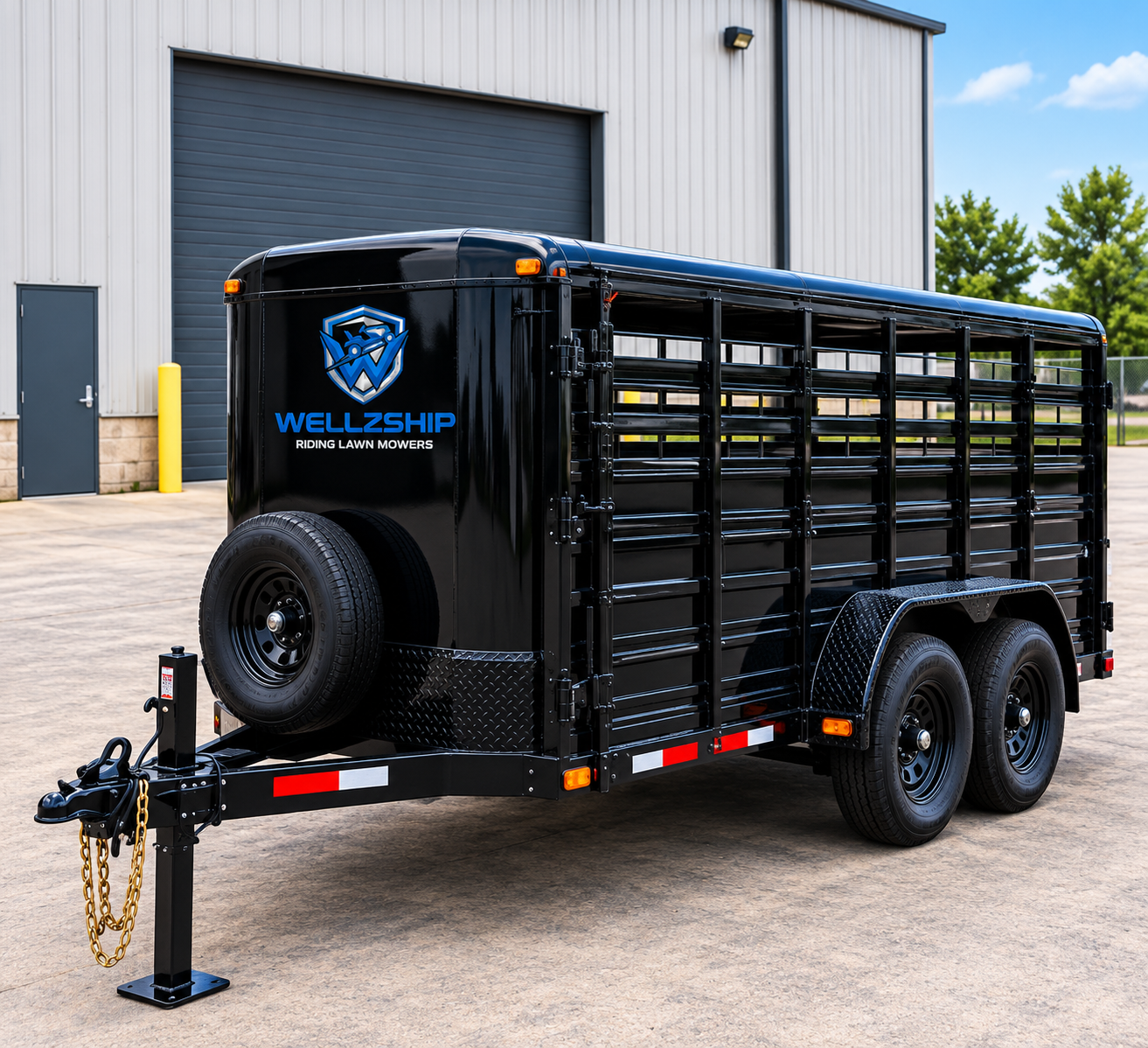 WELLZSHIP Trailer at Industrial Warehouse Wellzship 6′ x 10′ Livestock Cargo Trailer – Tandem Axle, Enclosed Roof, Rear Swing Gate - Image 1