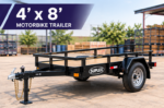Cargotrailer 4′ x 8′ Motorbike Trailer – Single Axle, Wood Deck, Mesh Ramp Gate