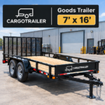 Cargotrailer 7′ x 16′ Goods Trailer – Tandem Axle, Wood Deck, Mesh Ramp Gate
