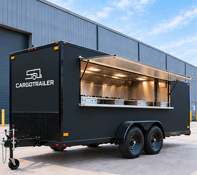 img60_1.png Cargotrailer 8.5′ x 32′ Catering Trailer – Tandem Axle, Stainless Kitchen, Serving Window - Image 1